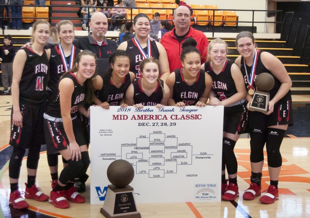 The Elgin Lady Owls claimed the Mid-America Classic championship trophy Saturday, Dec. 29, 2018 at ECU's Kerr Activities Center in Ada.  Richard R. Barron | The Ada News  